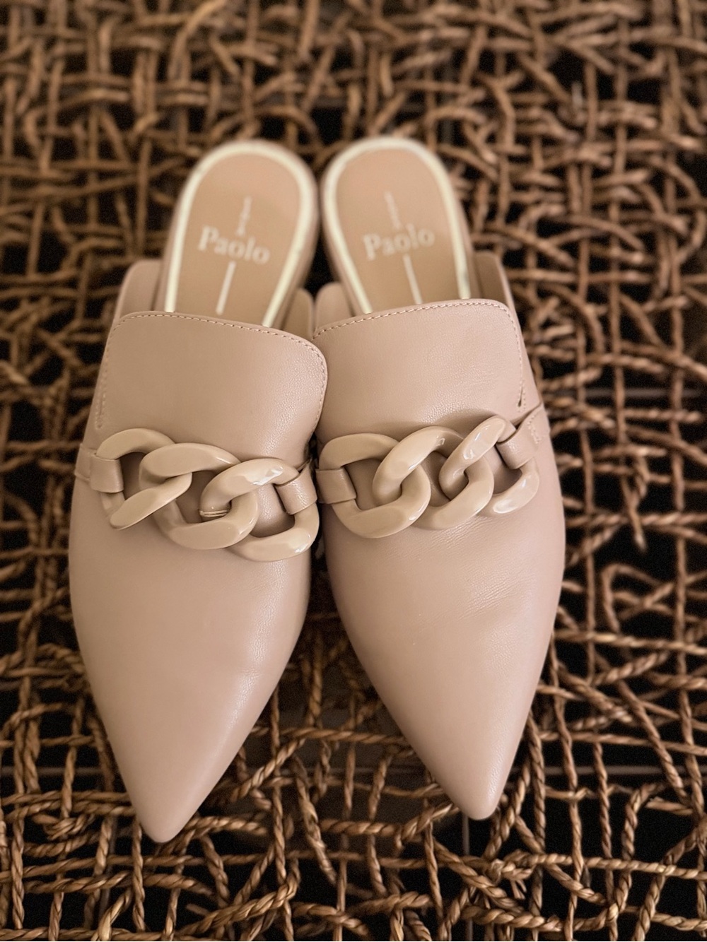 Paolo Nude Pointed Chain-Trim Mules